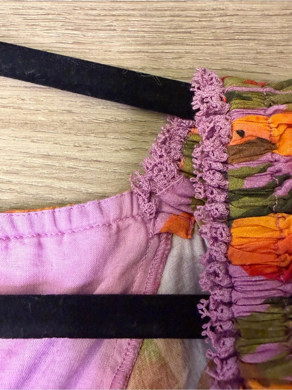 Mango Macaws Smocked Puff-Sleeve Blouse  purple lace square neck floral brocade